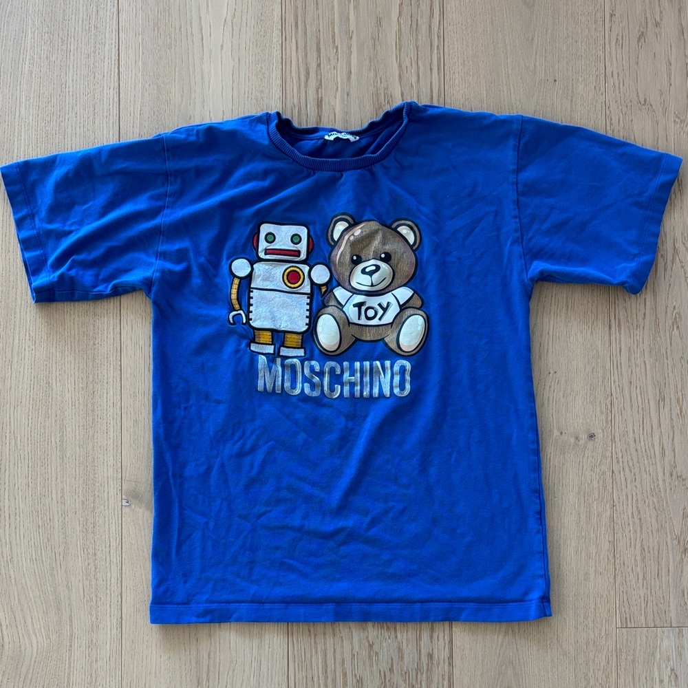 Moschino Blue Tee with Robot and Bear Graphic